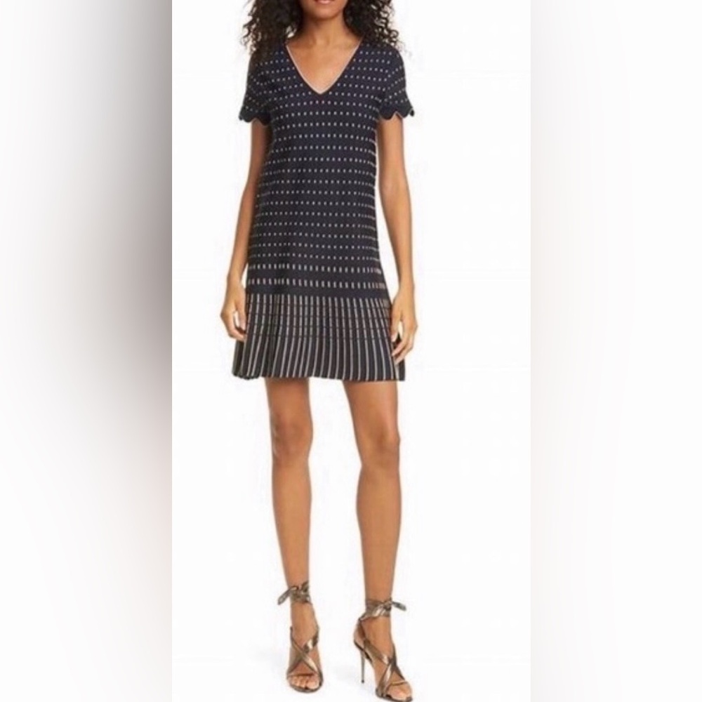 NWOT Ted Baker Maciiey Stitch Detail Gold Metallic/Black Scallop Knit Dress ZB8